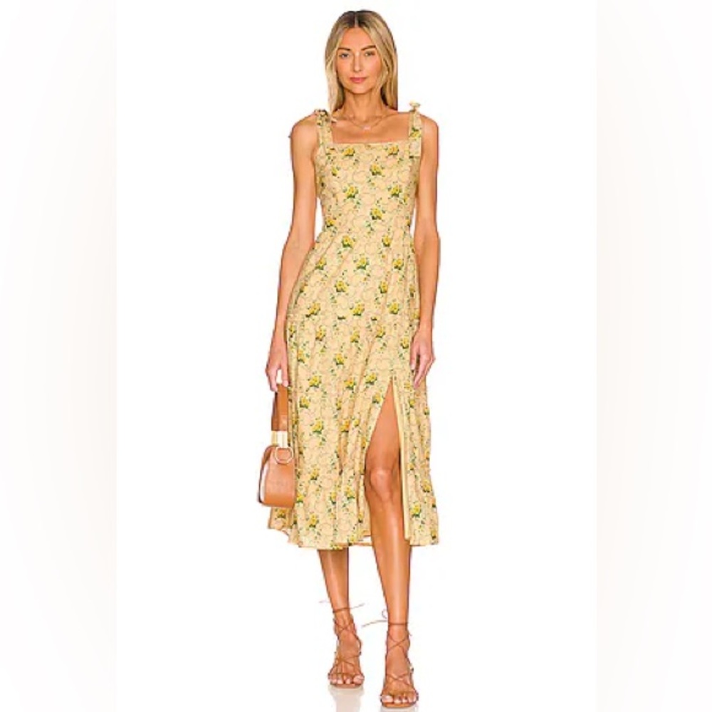 PAIGE Tamika Dress XS Yellow Floral Midi | Tie Straps Smocked Back Side Slit
